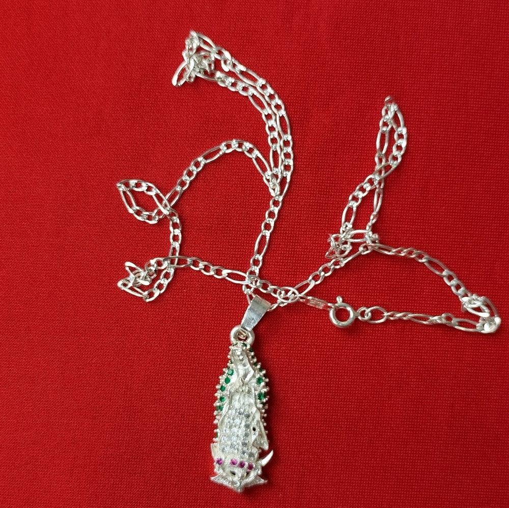 Virgin of Guadalupe Charm Pendant and chain necklaces 925 Sterling Silver!! with